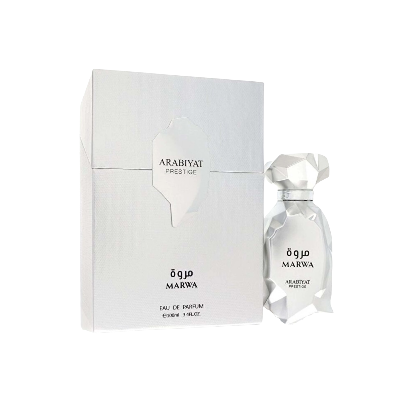 ARABIYAT Prestige MARWA eau de parfum set with white box and faceted silver bottle