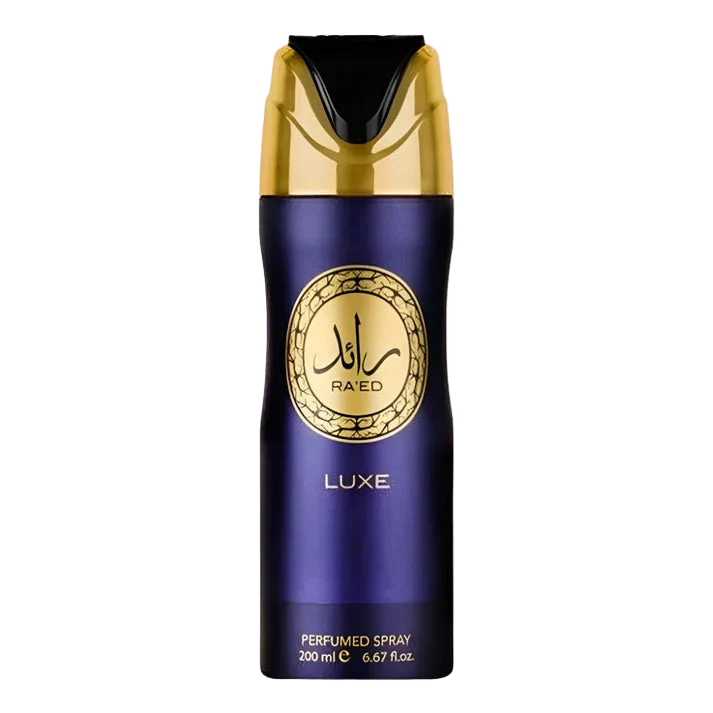 Men's body spray bottle, dark blue with gold cap and RAED LUXE label