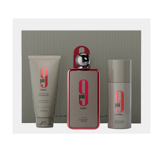 Afnan 9 PM Rebel Gift Set for Men (100ml EDP + 150ml Deodorant Spray + 150ml Shower Gel)