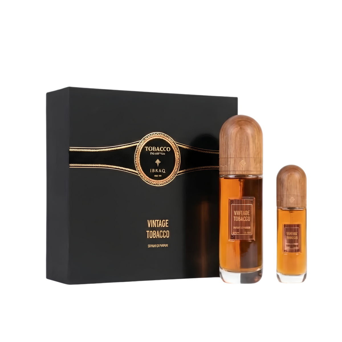 Ibrahim Al Qurashi IBRAQ Perfumes إبراق Vintage Tobacco Eau De Parfum – 100ml + 10ml Travel Spray Set | Unisex | Sparkling Warm Spices, Velvet Aged Tobacco & Radiant Rich Woods Luxury Signature Scent Duo Pack