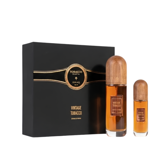 Ibrahim Al Qurashi IBRAQ Perfumes إبراق Vintage Tobacco Eau De Parfum – 100ml + 10ml Travel Spray Set | Unisex | Sparkling Warm Spices, Velvet Aged Tobacco & Radiant Rich Woods Luxury Signature Scent Duo Pack
